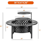 Outvue 36 Inch Fire Pit With 2 Grills, Wood Burning Fire Pits For Outside With Lid, Poker And Round Waterproof Cover, Bbq& Outdoor Firepit & Round Metal Table 3 In 1 For Patio, Picnic, Party