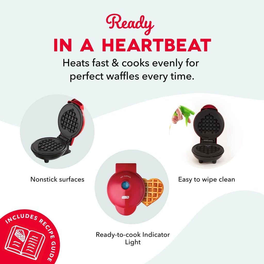 Dash Mini Waffle Maker- Mini Machine For Creative Homemade Treats - Nonstick Iron With Unique Print Design - Stylish Waffle Machine - Red Heart