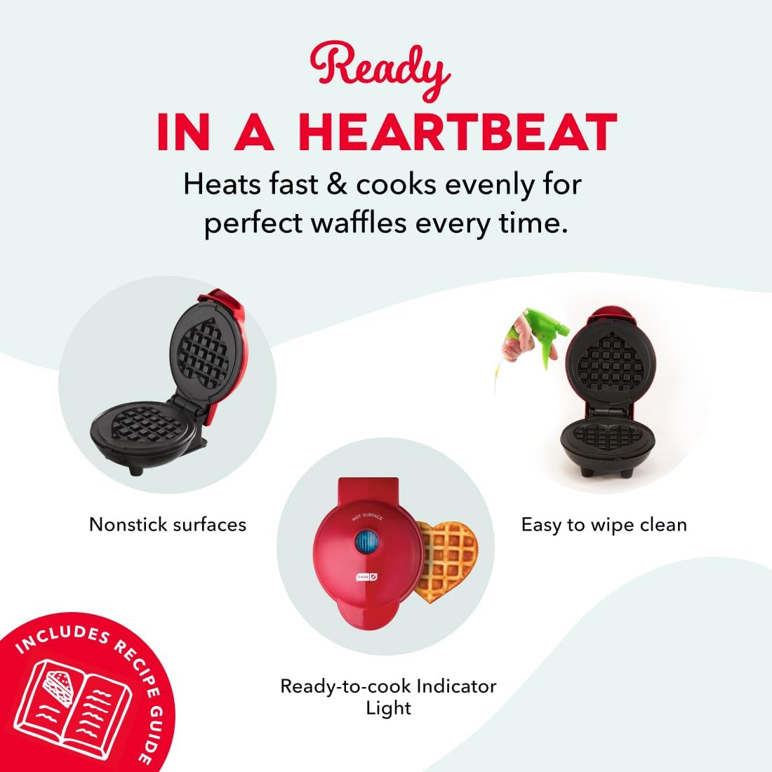 Dash Mini Waffle Maker- Mini Machine For Creative Homemade Treats - Nonstick Iron With Unique Print Design - Stylish Waffle Machine - Red Heart