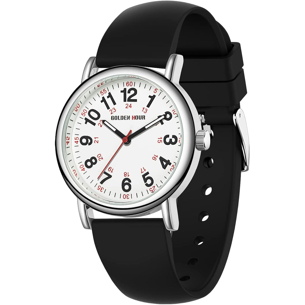 GOLDEN HOUR Waterproof Nurse Watch for Medical Professionals, Students Women Men - Military Time Luminouse Easy Read Dial, 24 Hour with Second Hand, Colorful Silicone Band