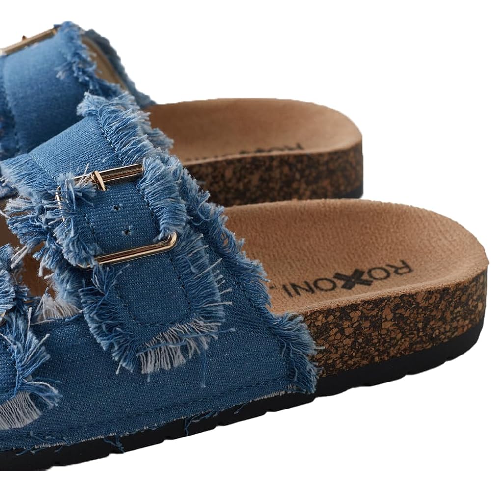 Roxoni Women'S Comfort Flat Sandals Double Buckle Adjustable Straps Flat Slides Footbed Suede