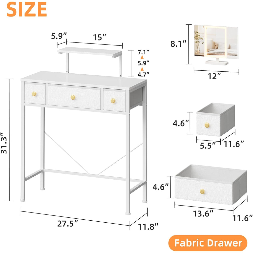 Small Makeup Vanity Desk 27.5''W With Mirror And Lights, White | 3 Drawers, Usb Lighted Mirror, Height-Adjustable Stand, Fabric Drawers, Girls/Kids Gifts, Bedroom, Small Space, Dorm