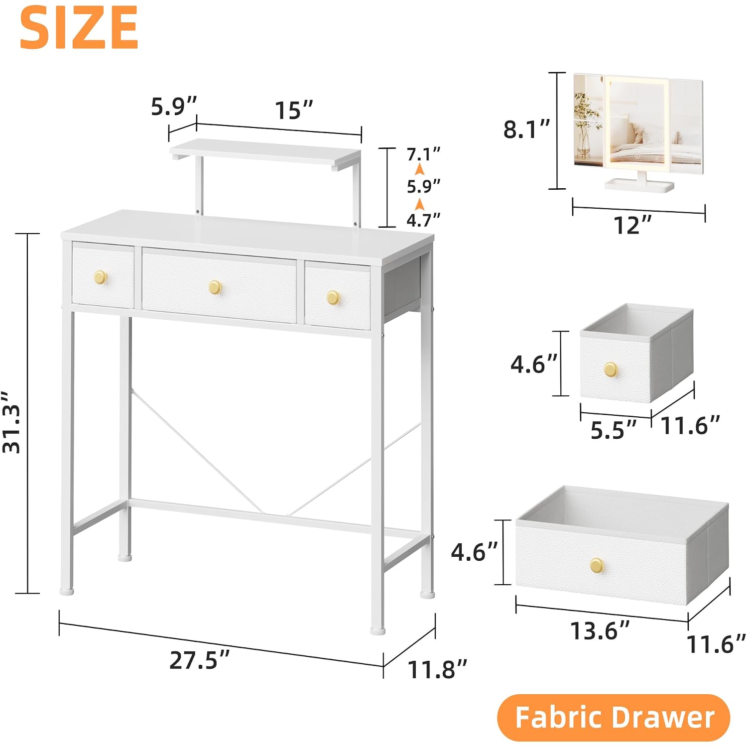 Small Makeup Vanity Desk 27.5''W With Mirror And Lights, White | 3 Drawers, Usb Lighted Mirror, Height-Adjustable Stand, Fabric Drawers, Girls/Kids Gifts, Bedroom, Small Space, Dorm