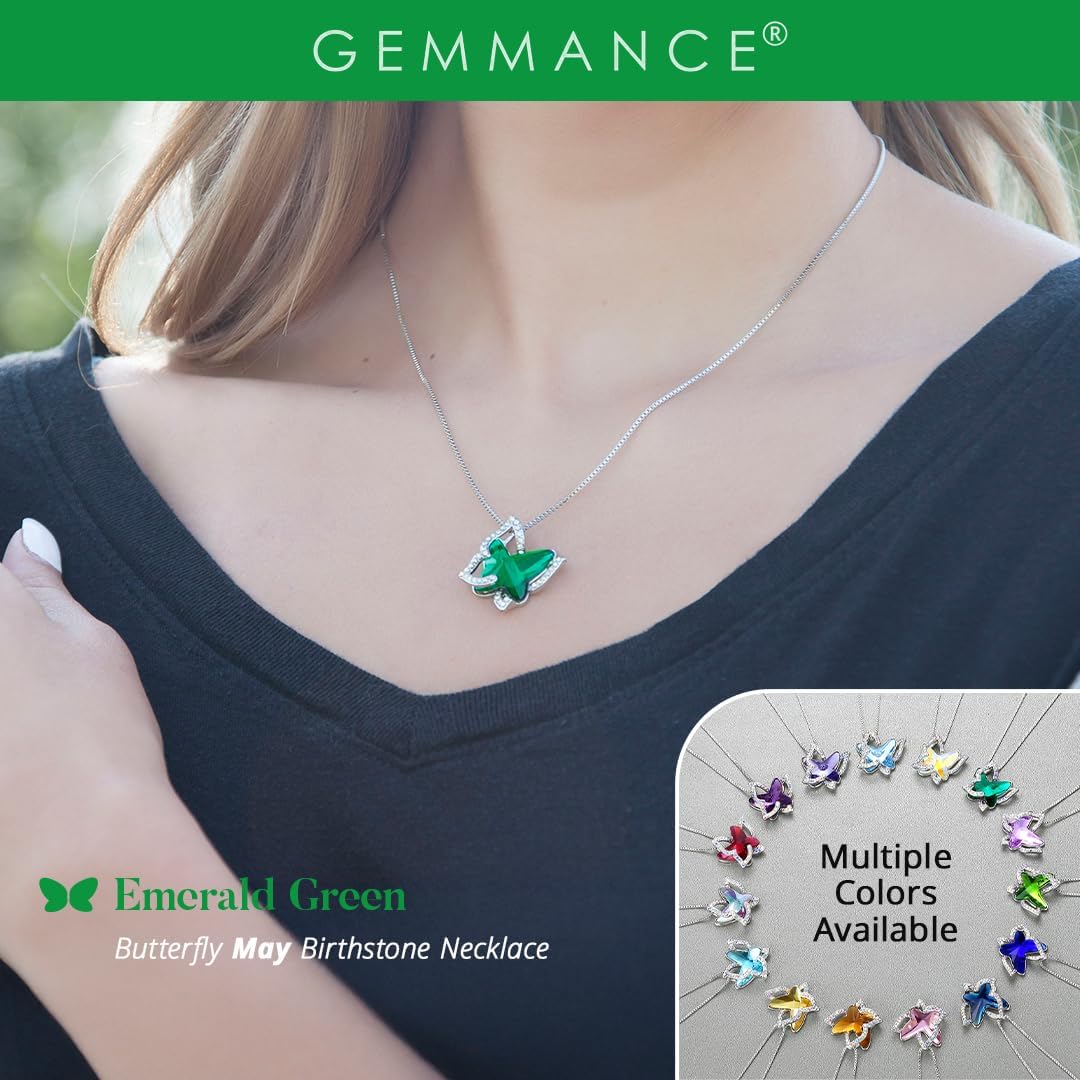 Butterfly Birthstone Crystal Necklace Mother's Day Present for Women Silver Tone Pendant Jewelry Made with Austrian Crystals Anniversary Birthday Gift 18"+2"