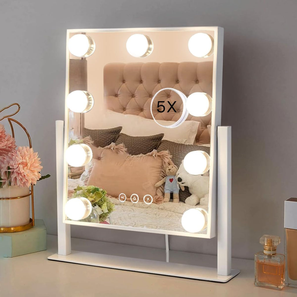 Hieey Hollywood Vanity Mirror With Lights, Makeup 9 Dimmable Bulbs Three Color Lighting Modes, And 5X Magnification Mirror, Smart Touch Control, 360°Rotation (White)