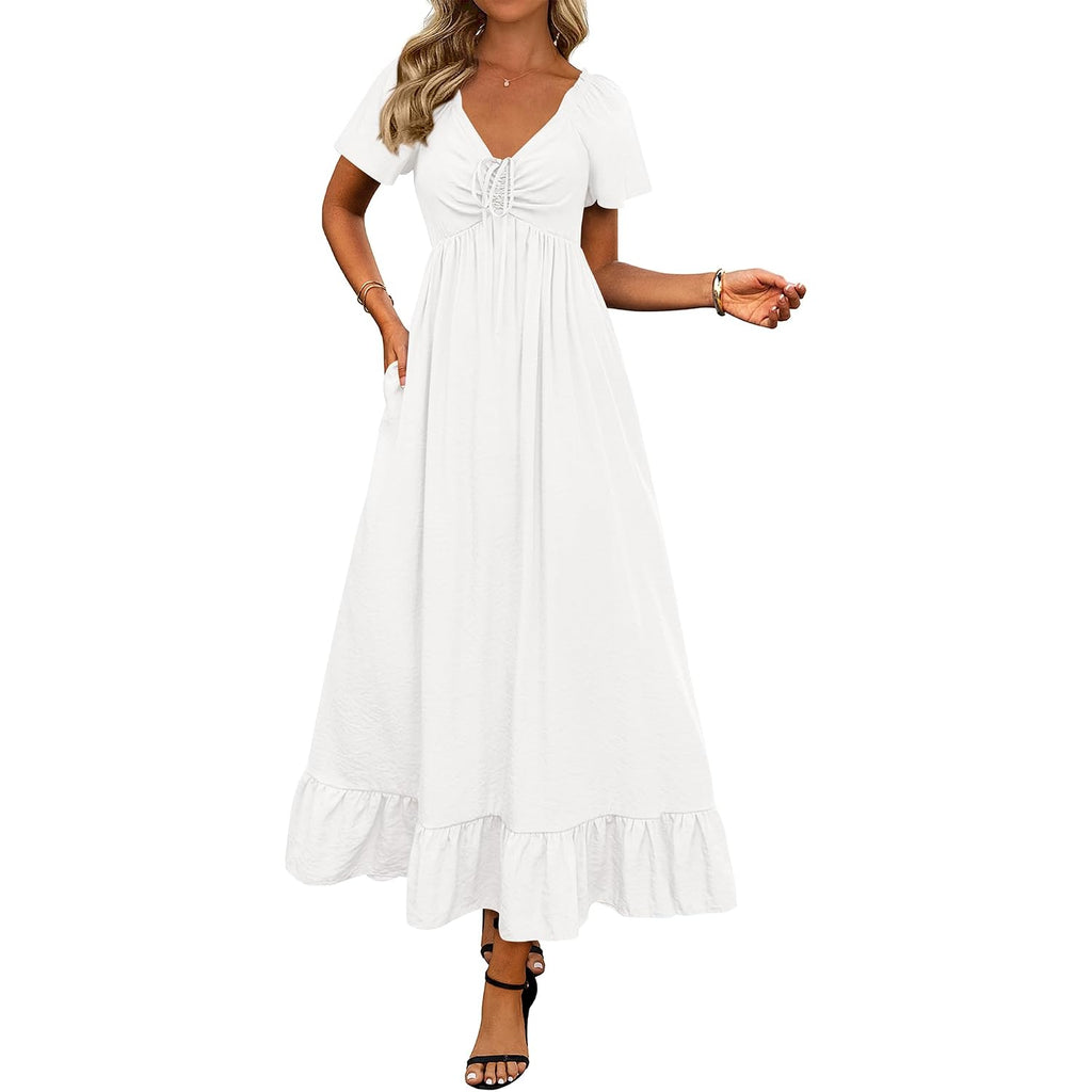 Btfbm Womens Summer Dresses 2026 Casual Short Sleeve V Neck Drawstring Wedding Guest Maxi Dresses Boho Beach Long Dress
