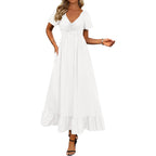 Btfbm Womens Summer Dresses 2026 Casual Short Sleeve V Neck Drawstring Wedding Guest Maxi Dresses Boho Beach Long Dress