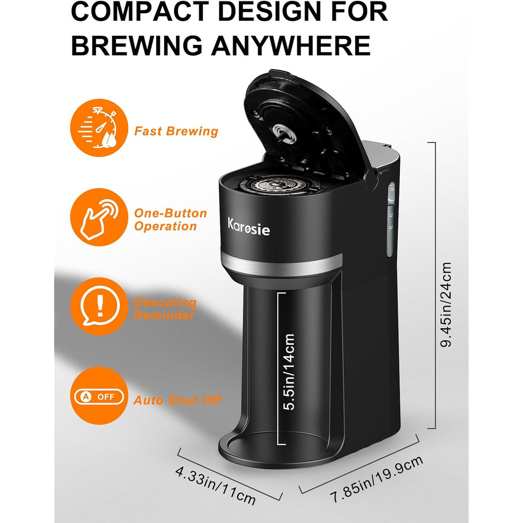 Single Serve Coffee Maker for K-Cup and Grounds, Fast Brew, 6-12 oz Brew Sizes Single Cup Coffee Maker Fits 5.5" Mugs, One-Button Small Coffee Maker, Descaling Reminder,Black,9.45 Inches