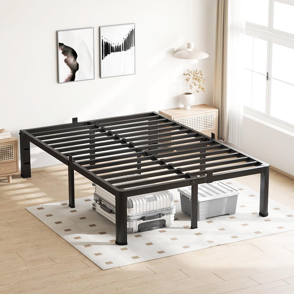 Vipshow 18 Inch Queen Bed Frame, 3500Lbs Heavy Duty Metal Platform With Round Corner Legs Mattress Slide Stopper, Steel Slat Support No Box Spring Needed, Noise Free, Non-Slip, Easy Assembly