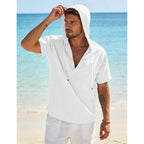 Men'S Cotton Linen Shirts Short Sleeve Casual Button Down Hoodies Summer Hawaiian Beach Top With Drawstring
