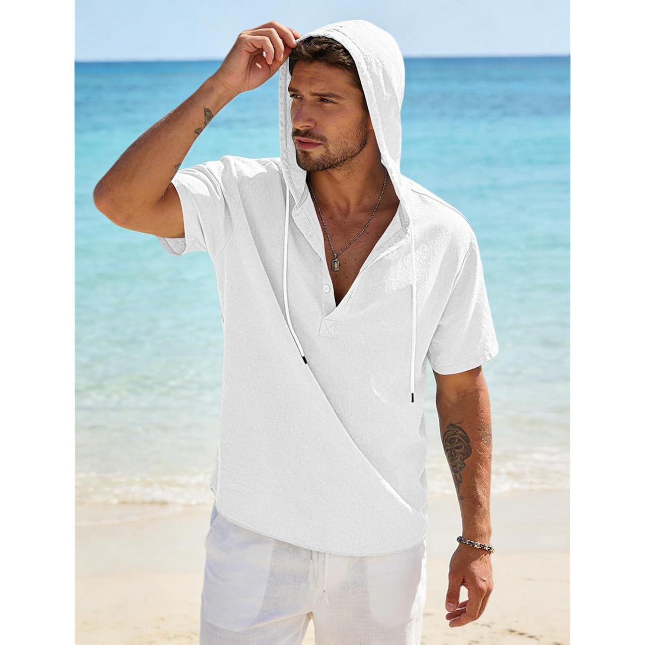 Men'S Cotton Linen Shirts Short Sleeve Casual Button Down Hoodies Summer Hawaiian Beach Top With Drawstring