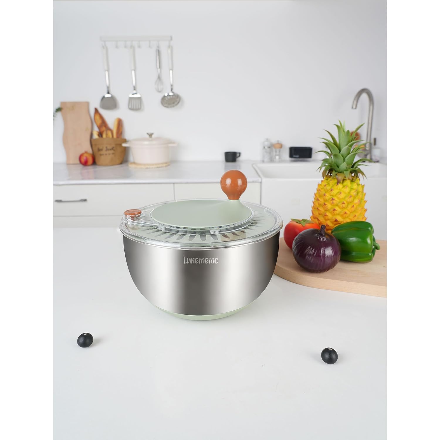 Stainless Steel Salad Spinner, Lettuce Spinner With Drain, Non-Slip Base, Stop Button, Vegetable Dryer, Bpa Free, 5.3 Qt