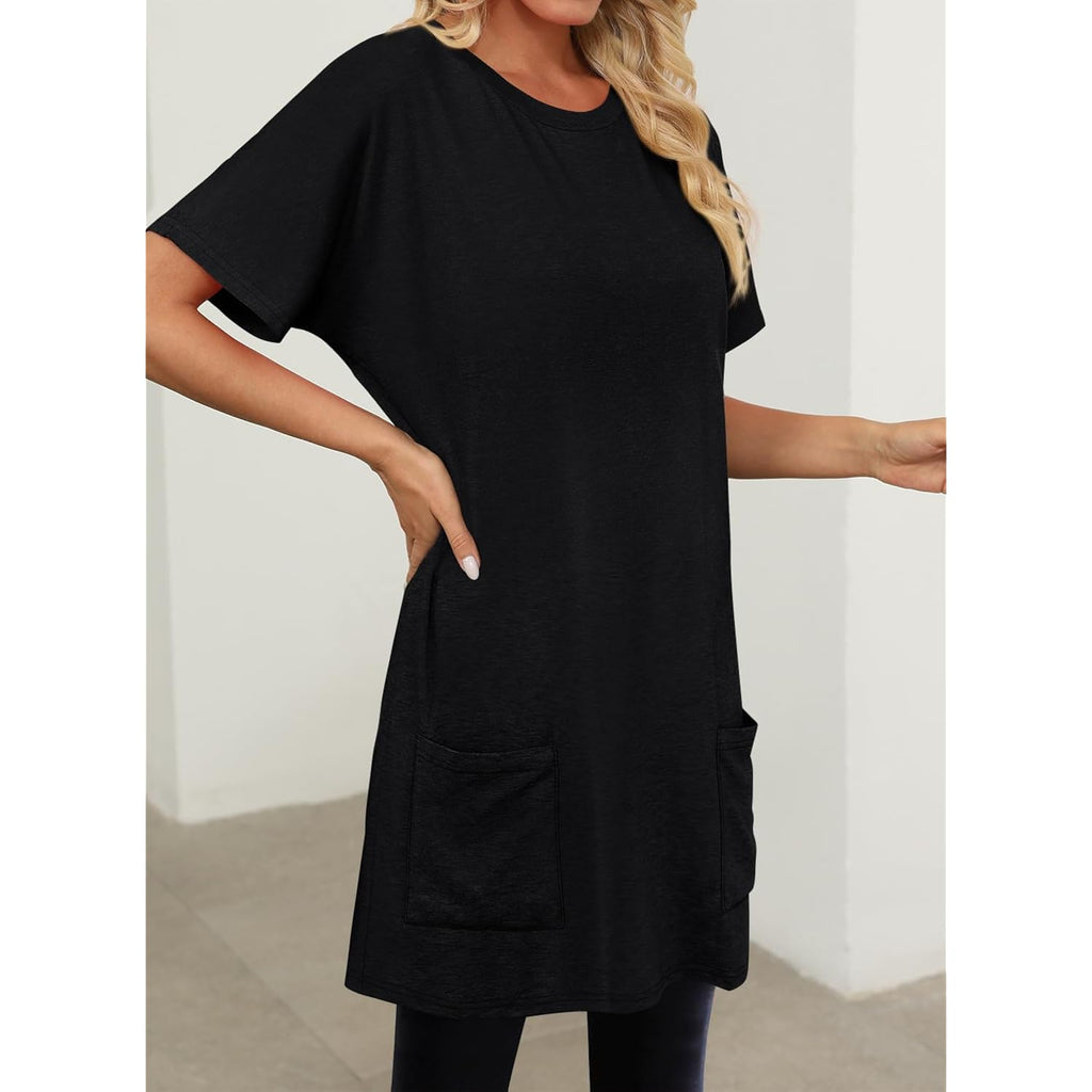 Kissmoda Womens Summer Tunic Tops For Leggings Casual Short Sleeve Long Shirts With Pockets