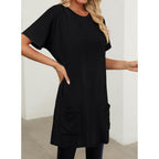 Kissmoda Womens Summer Tunic Tops For Leggings Casual Short Sleeve Long Shirts With Pockets