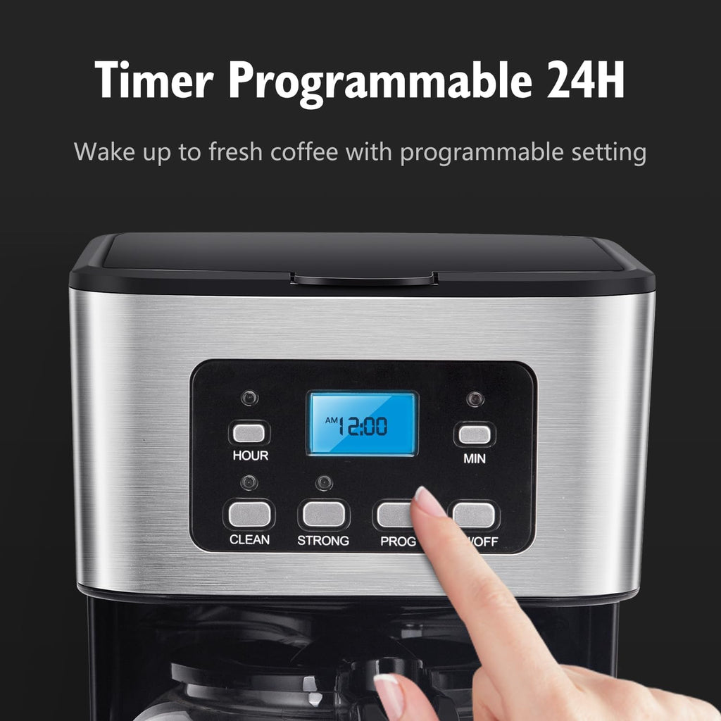 Taylor Swoden 12-Cup Programmable Coffee Maker, Regular & Strong Brew Drip Coffee Machine For Home And Office, Glass Carafe, Pause & Serve, Auto Shut Off, Black & Stainless Steel