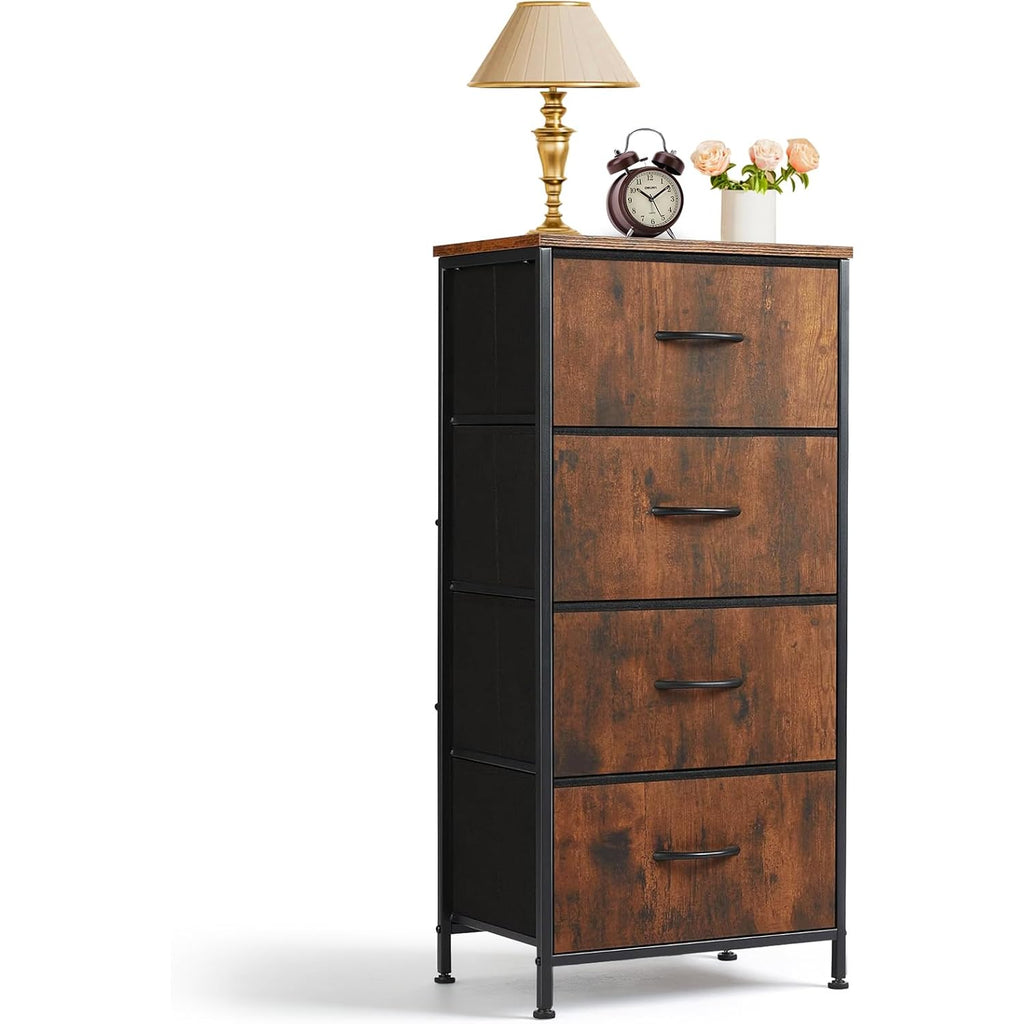 4 Drawers Dresser For Bedroom Fabric Storage Tower With Wooden Top | Steel Frame Tall Chest Of Drawers For Closet, Entryway, Dorm, Brown