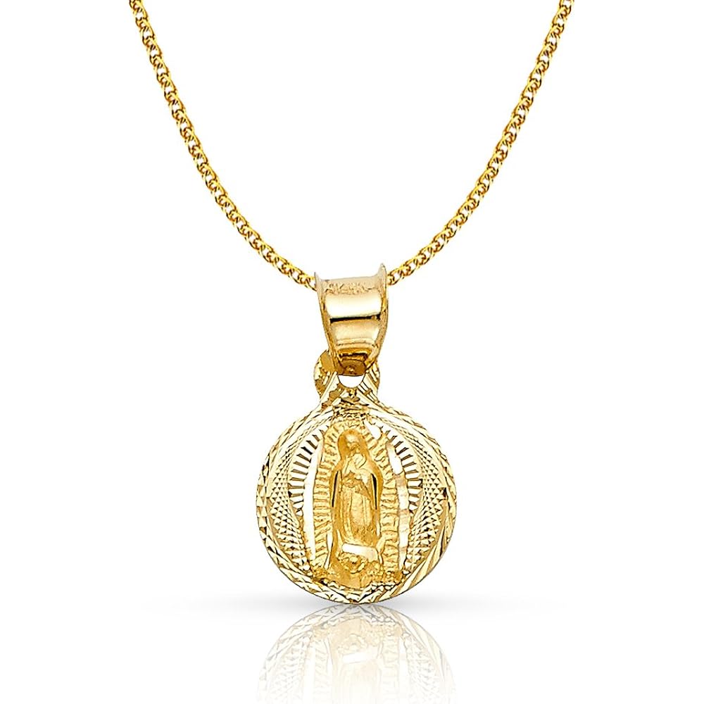 Ioka 14K Yellow Gold Diamond Cut Our Lady of Guadalupe Stamp Charm Pendant with 1.2mm Flat Open Wheat Chain Necklace