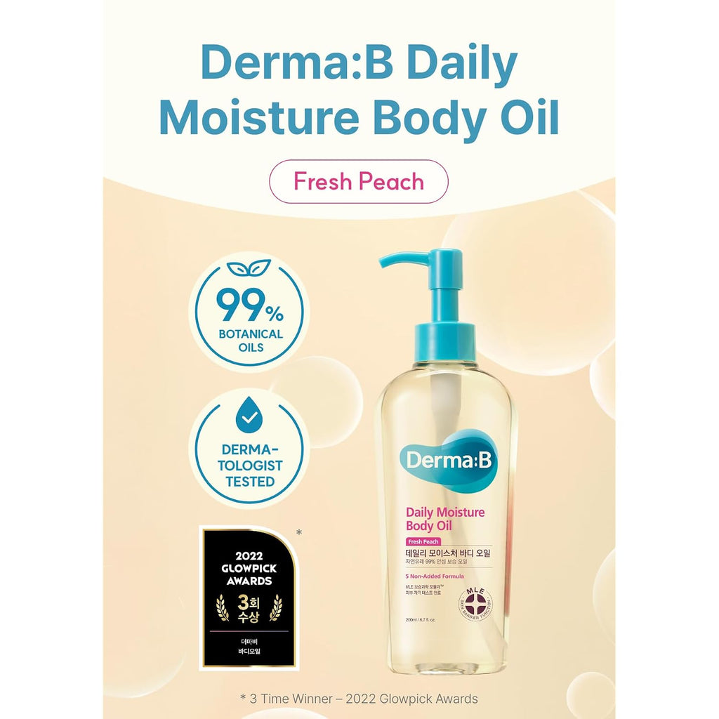 Derma B Daily Moisture Body Oil, 6.8 Fl Oz (200Ml) | Body Oil For Dry Sensitive Skin | Argan & Sweet Almond Oil | Light Long-Lasting Hydration | Shower Oil For Dry Sensitive Skin
