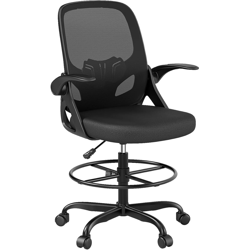 Drafting Chair Tall Office Chair, Ergonomic Standing Desk Chair With Adjustable Foot Ring And Flip-Up Armrests, Mesh Computer Chair For Art Studio, 300 Lbs, Black