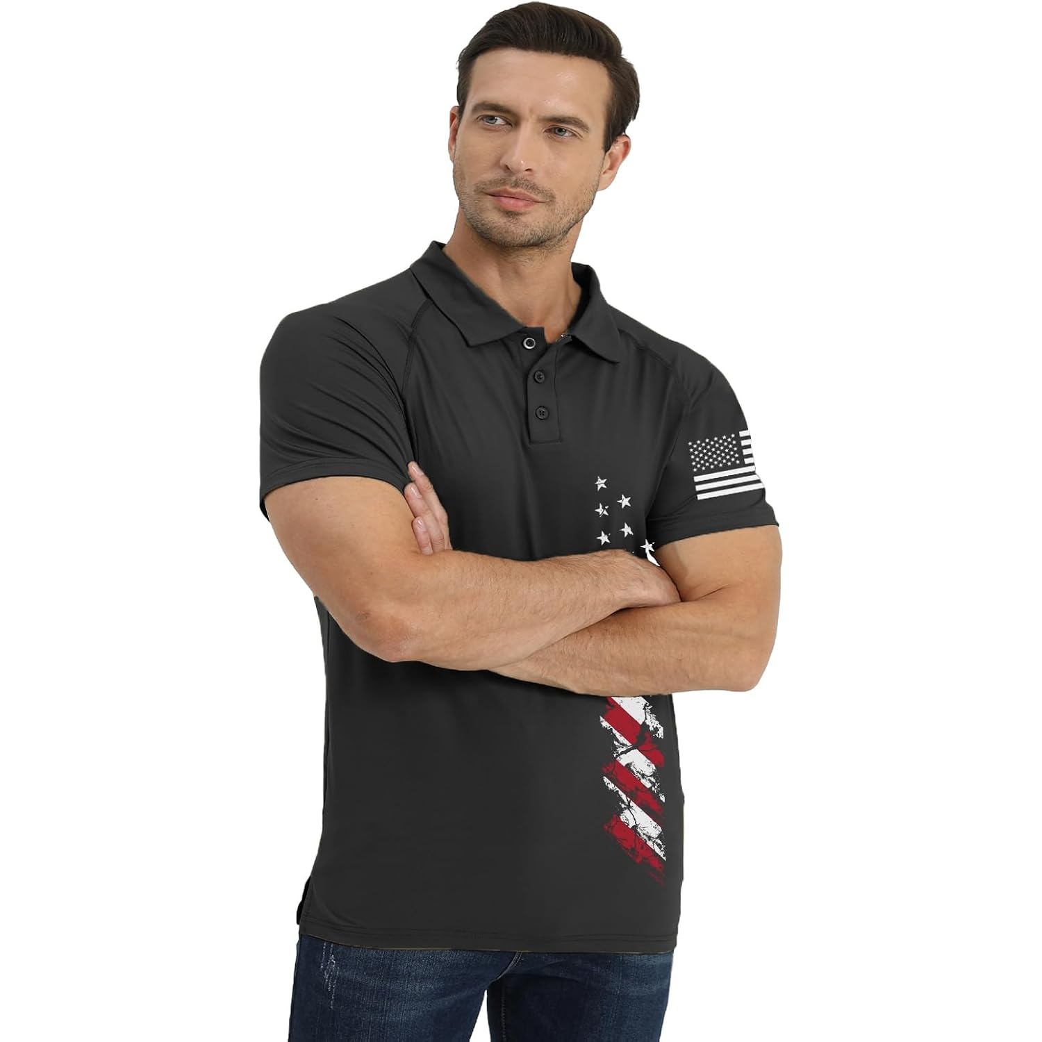 H Hyfol Short Sleeve Polo Shirts For Men Graphic Stretch Casual American Patriotic Raglan Golf Polos For Men