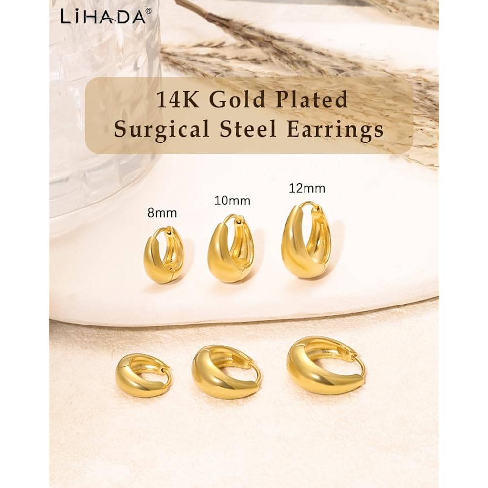 Surgical Steel Small Huggie Hoop Earrings for Women Set,14K Gold Plated Hypoallergenic Lightweight Earrings, Waterproof Non-Tarnish Circular Huggies for Multiple Piercings