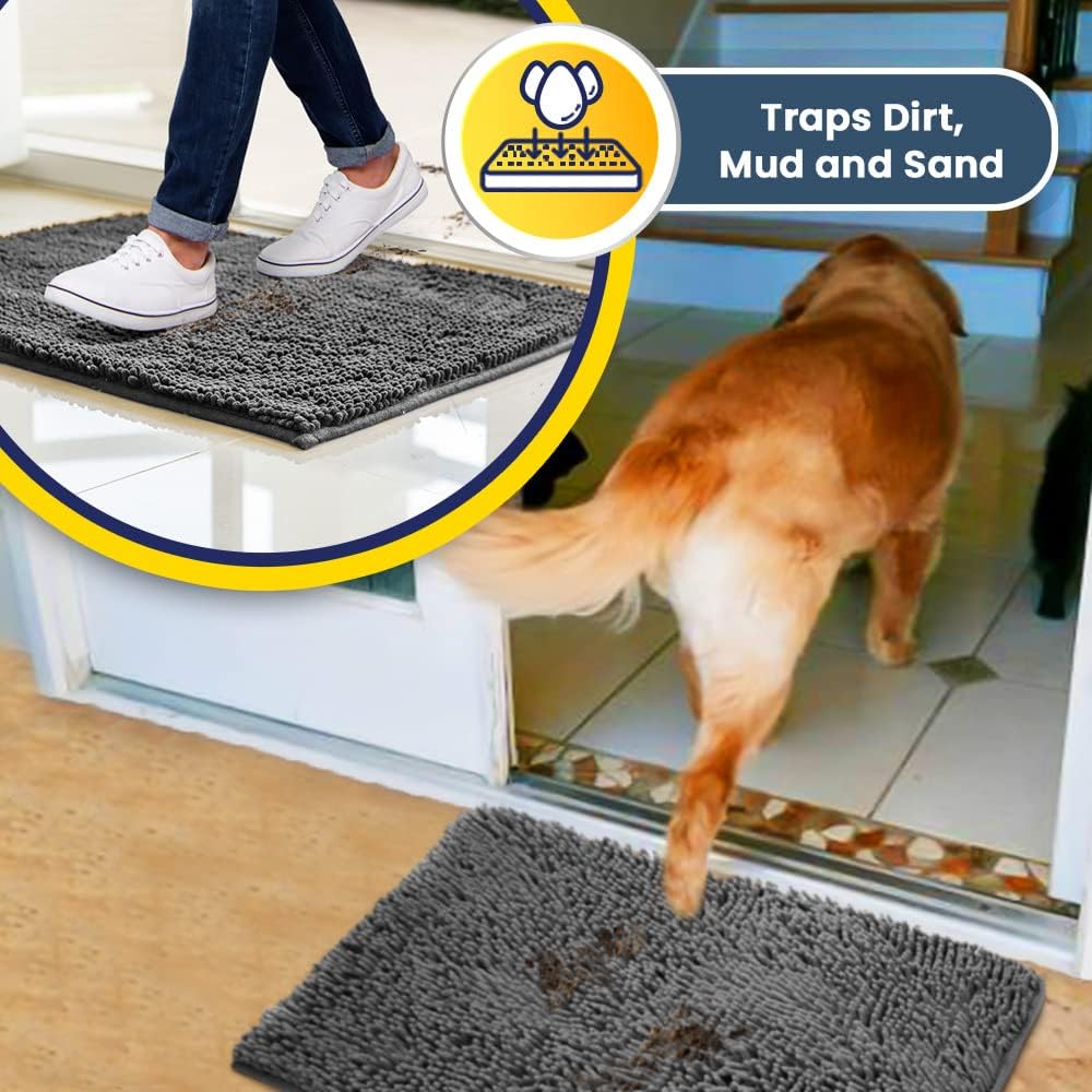 Muddy Mat® | Super Water Absorbent Door Mat Indoor, Microfiber Quick Dry Chenille Entryway Rug, Slip Resistant Front Door Mat, Indoor Mats For Entryway, Machine Washable Pet Rug, Grey 30"X19"