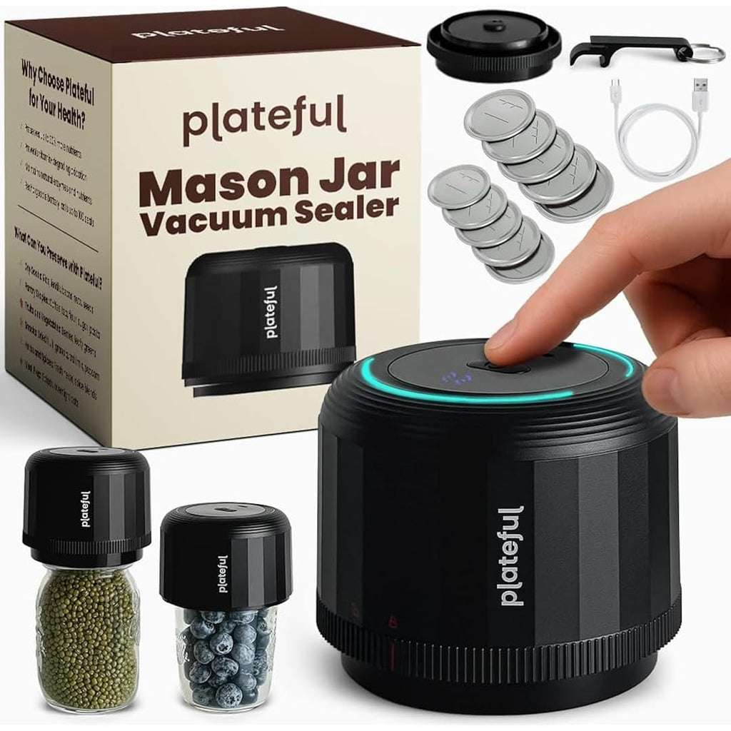 Plateful Electric Mason Jar Vacuum Sealer Kit (Lids Included) For Wide Mouth And Regular Mouth Jars, Portable Jar Vacuum Sealer, Canning Machine Food Storage, Includes Lids, Opener, Charger