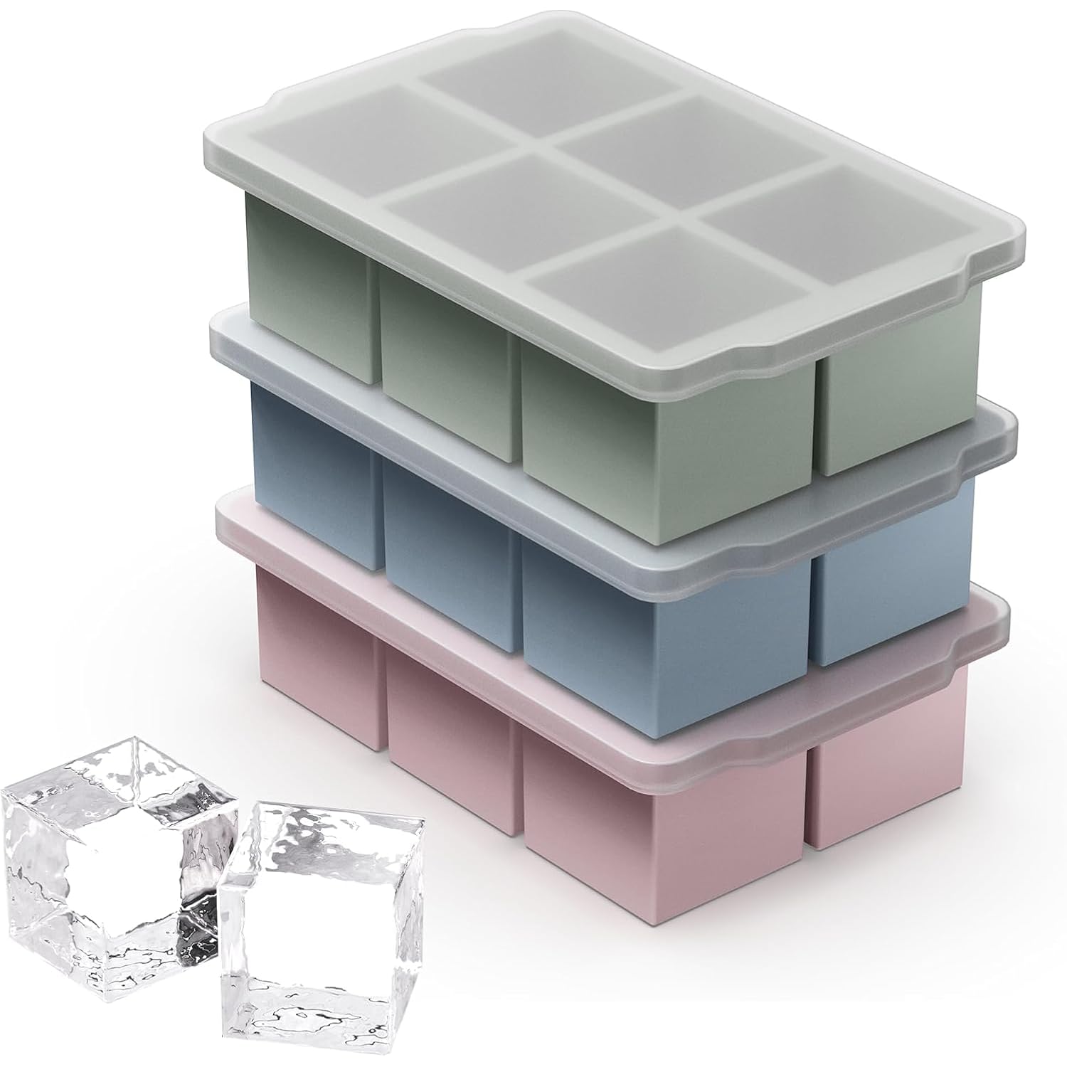 Vlm 3 Packs Large Ice Cube Molds With Stackable Lid,Silicone Ice Cube Tray For Freezer,Big Square Ice Tray For Whiskey,Cocktails,Bourbon And Soups (Neutral)