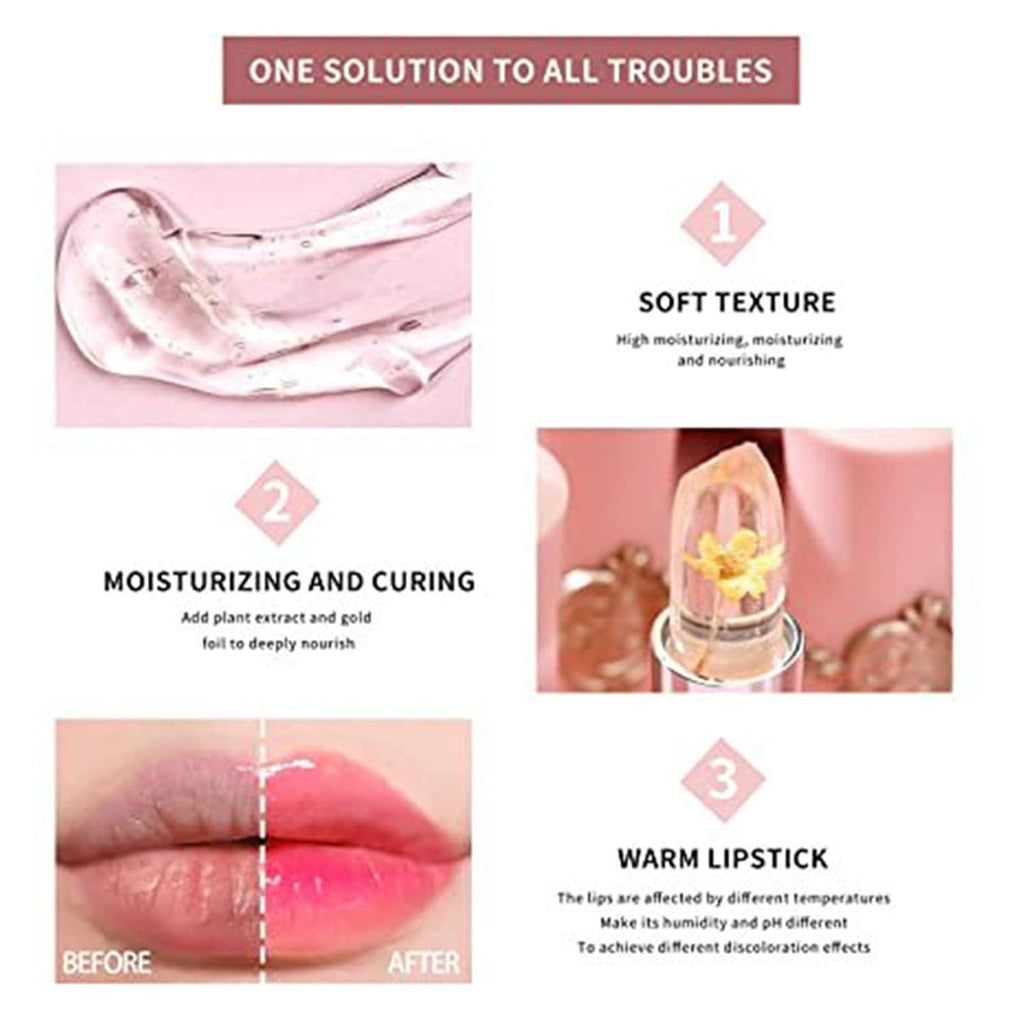 6 Pcs Crystal Flower Jelly Lipstick Set, Temperature Change Moisturizer Long Lasting Flower Lip Stick Nutritious Lip Balm Magic Color Change Lip Gloss Makeup