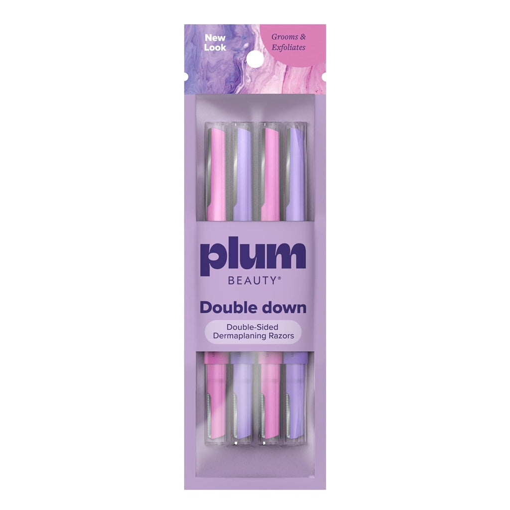 Plum Beauty Double-Sided Dermaplaning Razors (4-Pack) – Dual-Blade Facial Razors for Women - Precision & Large Blades for Brows, Upper Lip, & Cheeks - Peach Fuzz Remover & Exfoliating Face Tool