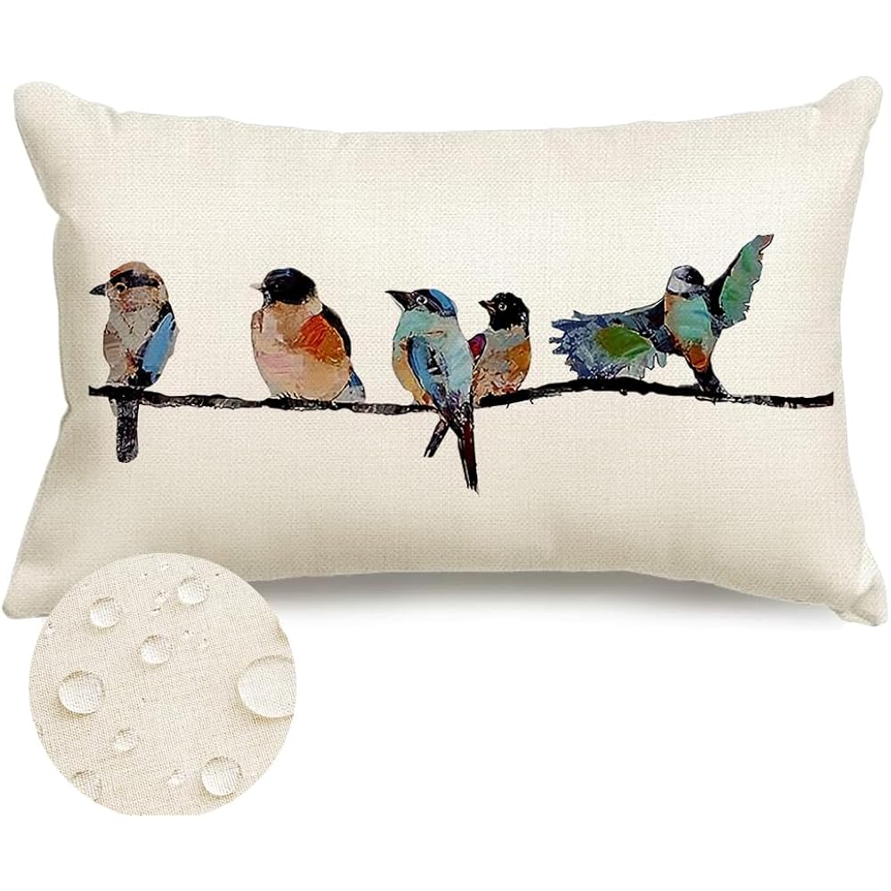 Outdoor Pillow Covers Waterproof 12X20,Outdoor Bird Lumbar Throw Pillow Cases Small Decorative Pillows For Couch Patio Furniture Polyester Linen Teal Blue