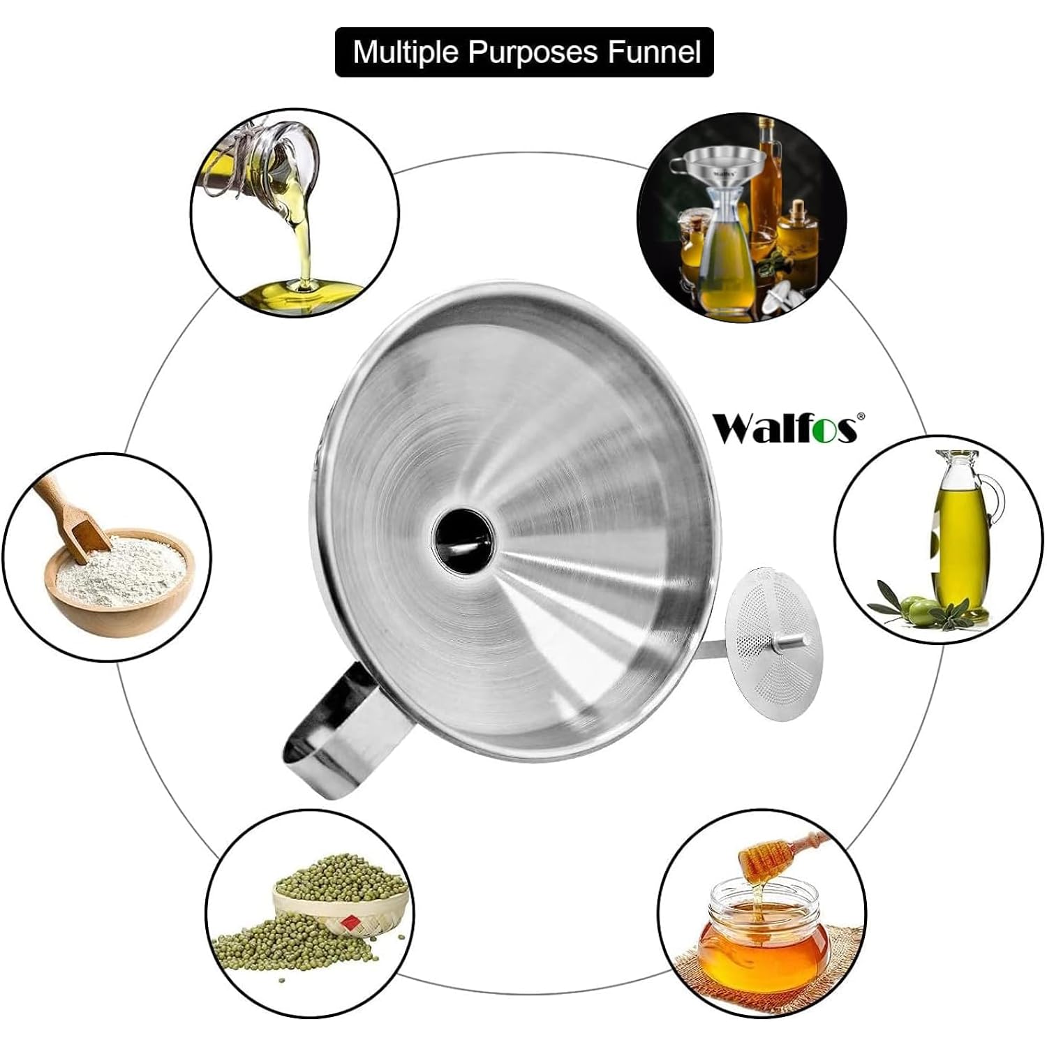 Stainless Steel Funnel, Walfos 3 Pack Kitchen Funnel With 2 Removable Strainer ＆ 1Pcs Cleaning Brush, Perfect For Transferring Of Liquid, Oils, Jam, Dry Ingredients & Powder