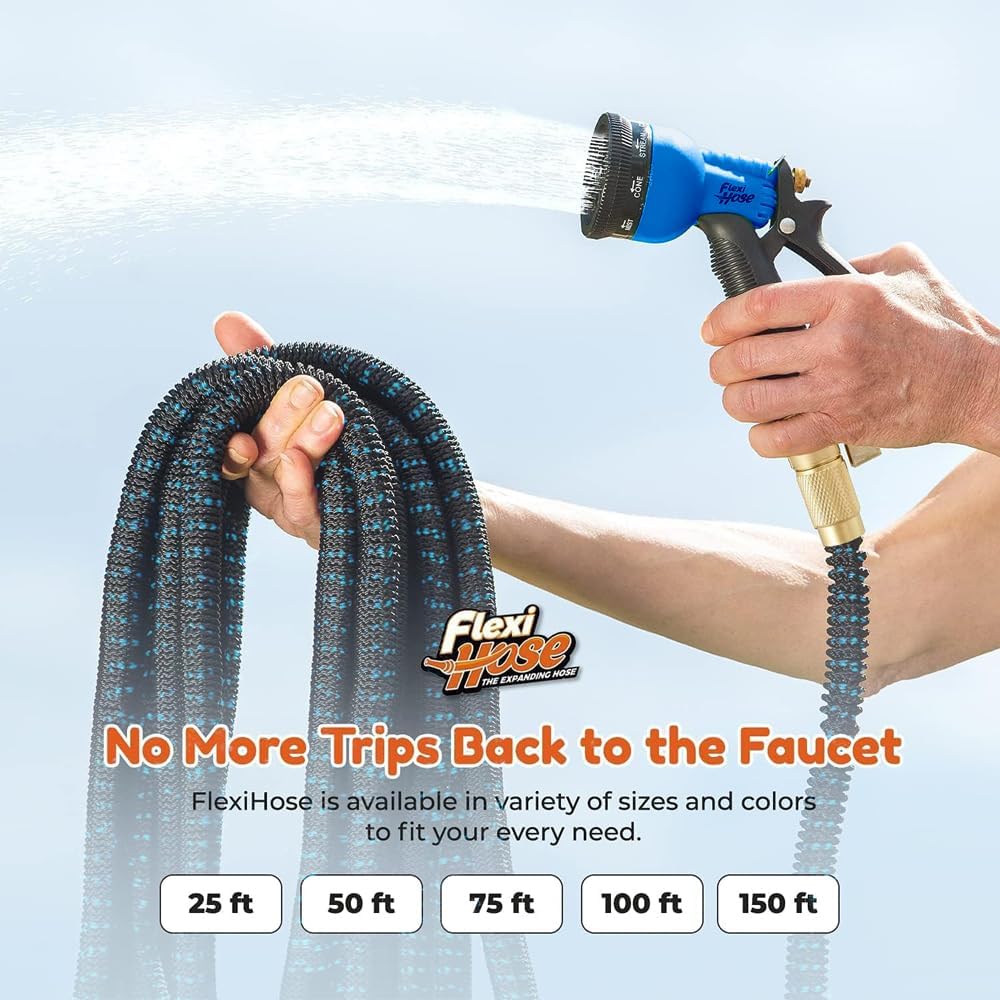 Flexi Hose Expandable Garden Hose With 8 Function Nozzle, 50Ft - Lightweight Retractable Garden Hose, Water Hose - No-Kink Flexibility, 3/4 Inch Solid Brass Fittings And Double Latex Core