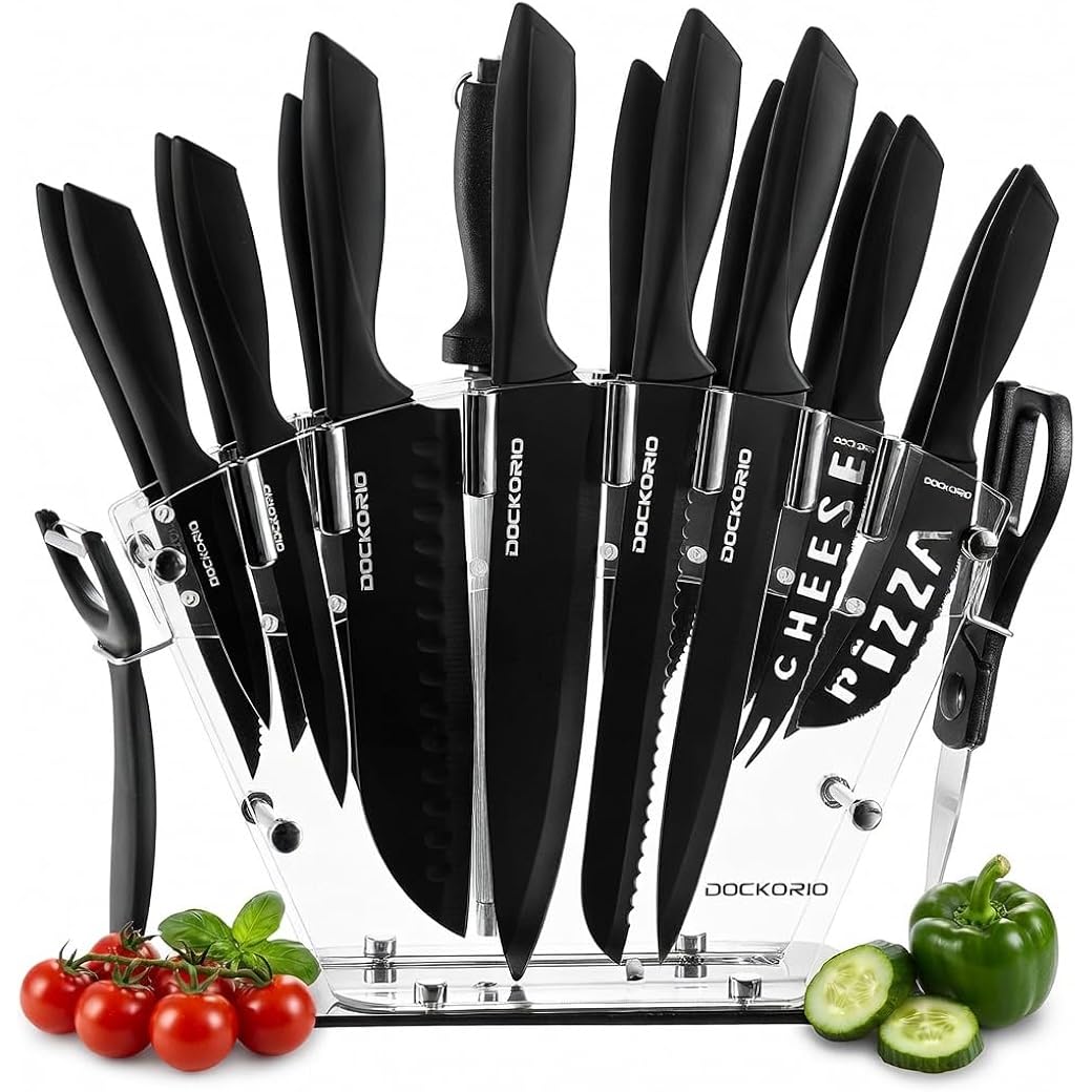 Kitchen Knife Set with Block, 19 PCS High Carbon Stainless Steel Sharp includes Serrated Steak Knives Set, Chef Knives, Bread Knife, Scissor, Sharpener, all in one