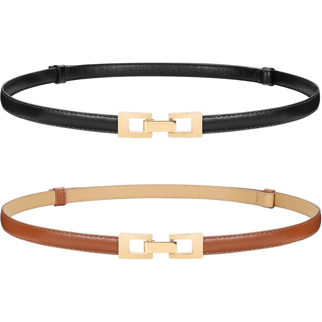 WERFORU 2 Pack Women Skinny Belt Thin Waist Belt for Pants Leather Belt with Gold Buckle for Jeans Dress,0.6" width