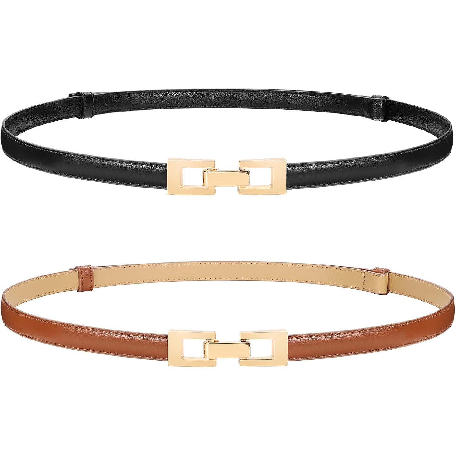 WERFORU 2 Pack Women Skinny Belt Thin Waist Belt for Pants Leather Belt with Gold Buckle for Jeans Dress,0.6" width