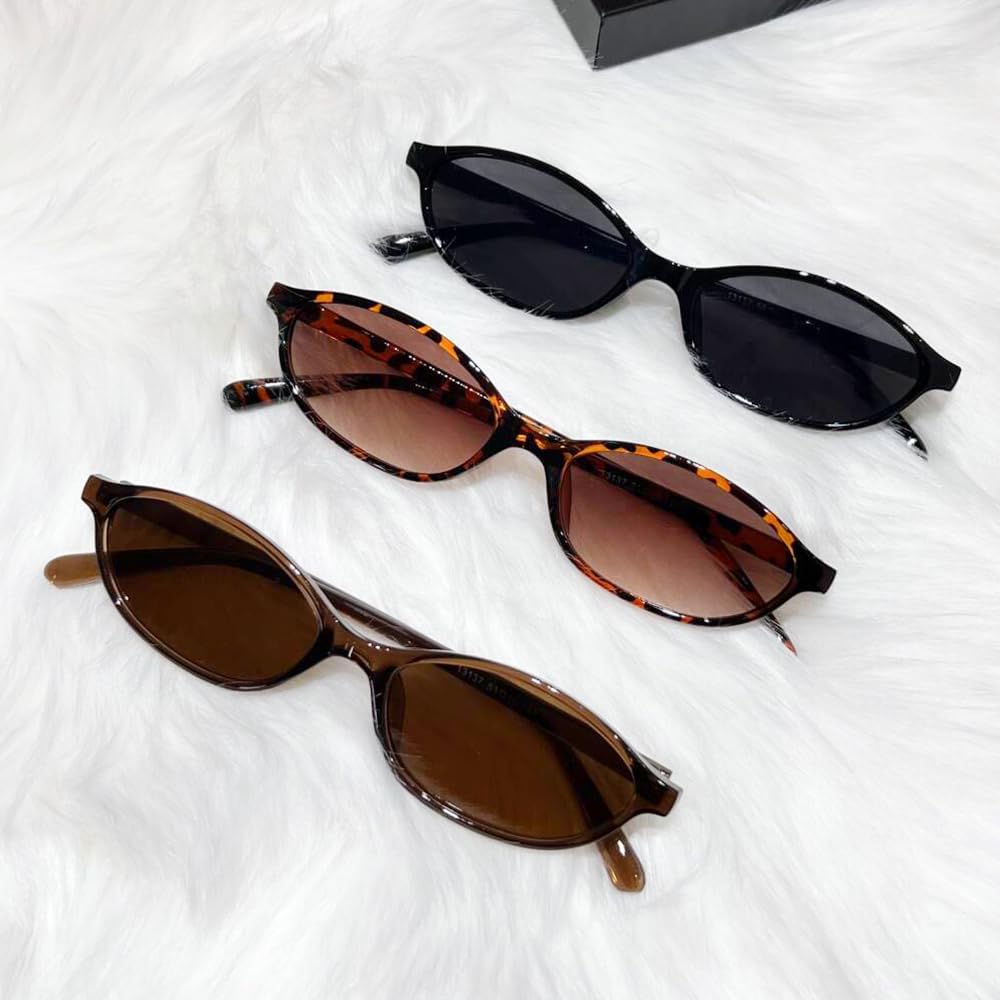 Retro Oval Sunglasses for Women 90s Design Small Cat Eye Sun Glasses UV Protection Y2k Trendy Narrow Shades Black+leopard+brown