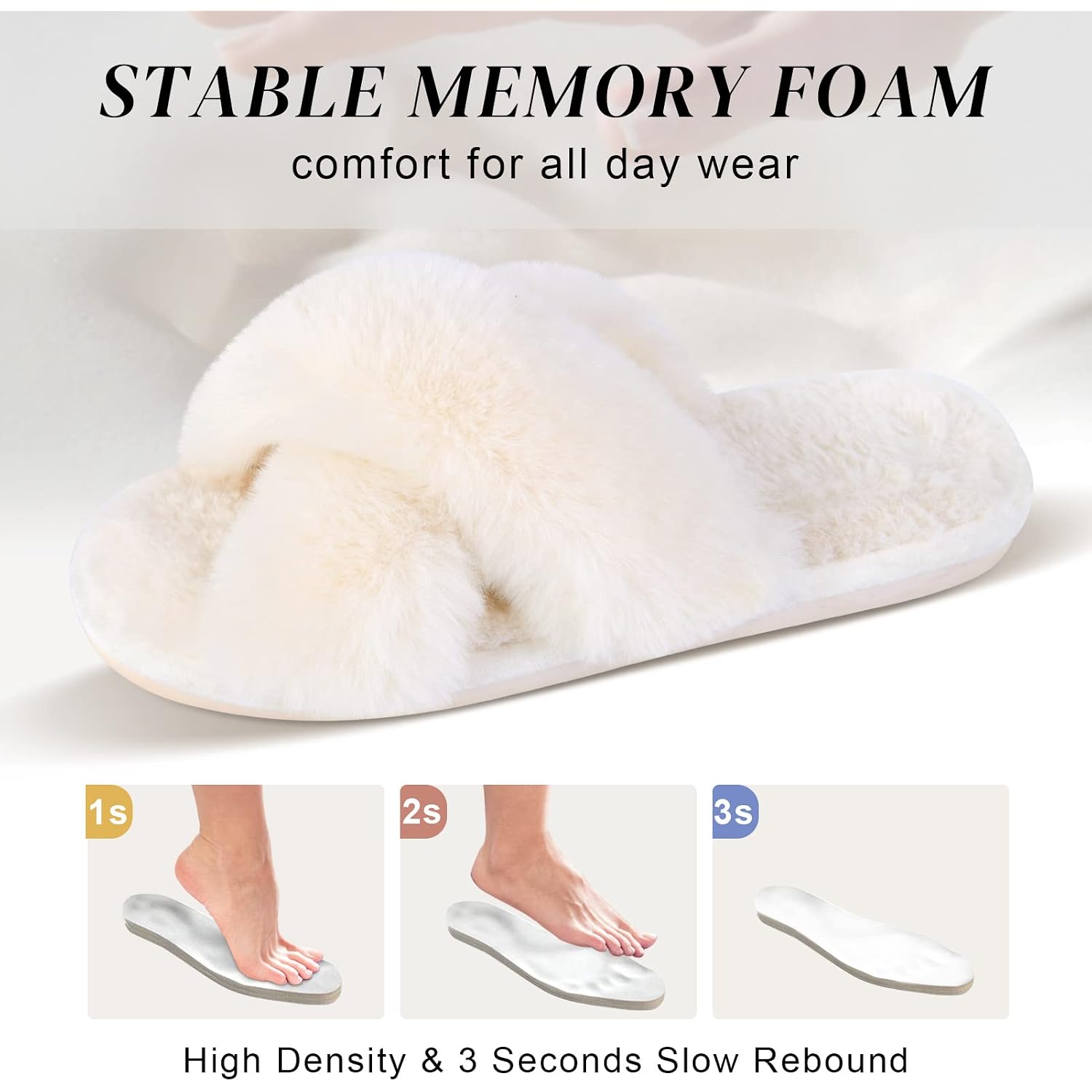 Women'S Fuzzy Cross Band Slippers, Memory Foam House Shoes With Anti-Slip Rubber Sole, Open Toe Plush Fleece Indoor Slippers For Ladies, Cozy Gifts For Women