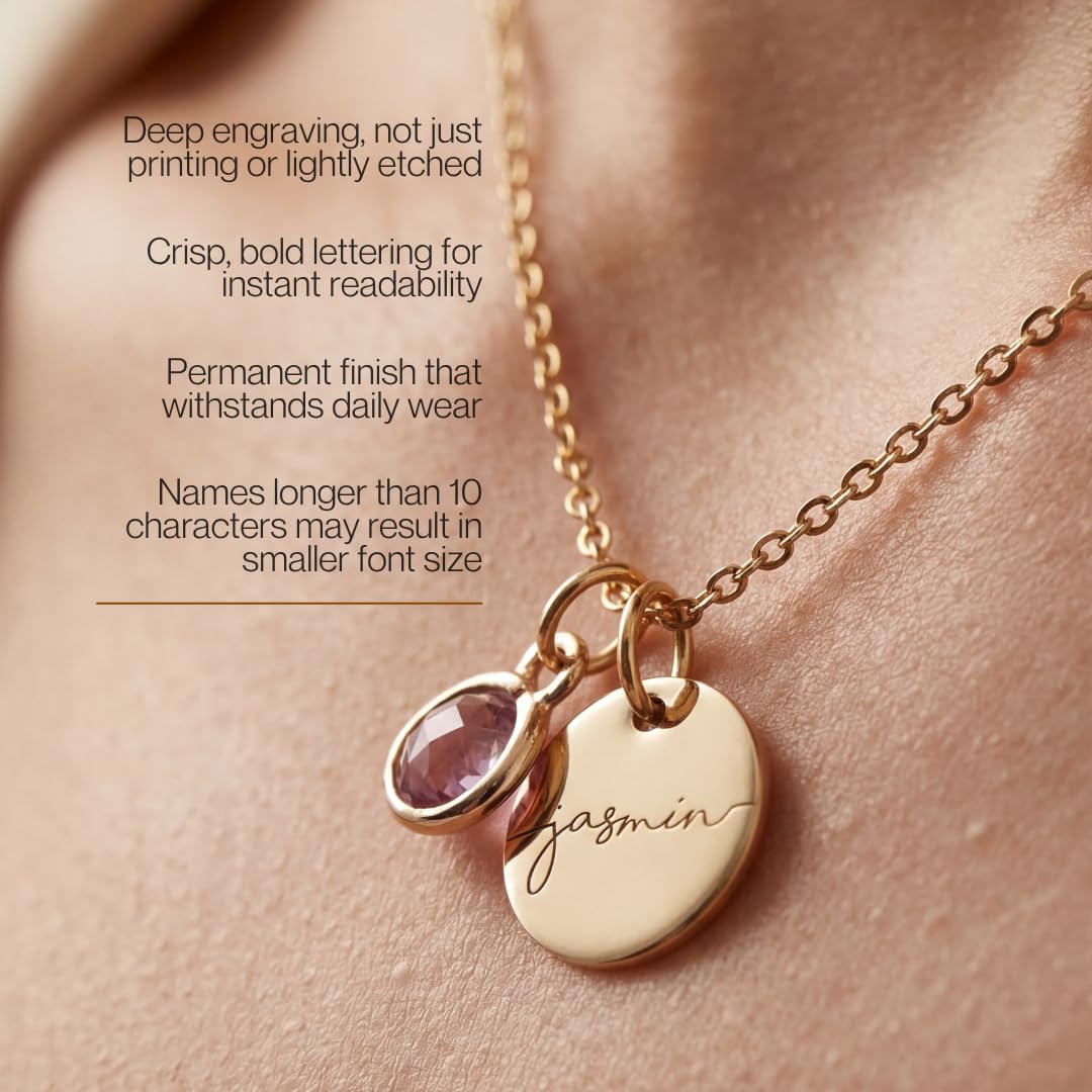 MignonandMignon Personalized Name Necklace with Birthstone | Custom Engraved Pendant Necklace for Women | Tarnish-Free Gold Dainty Jewelry Mom Birthday Gifts | Necklace with Kids Names for Grandma