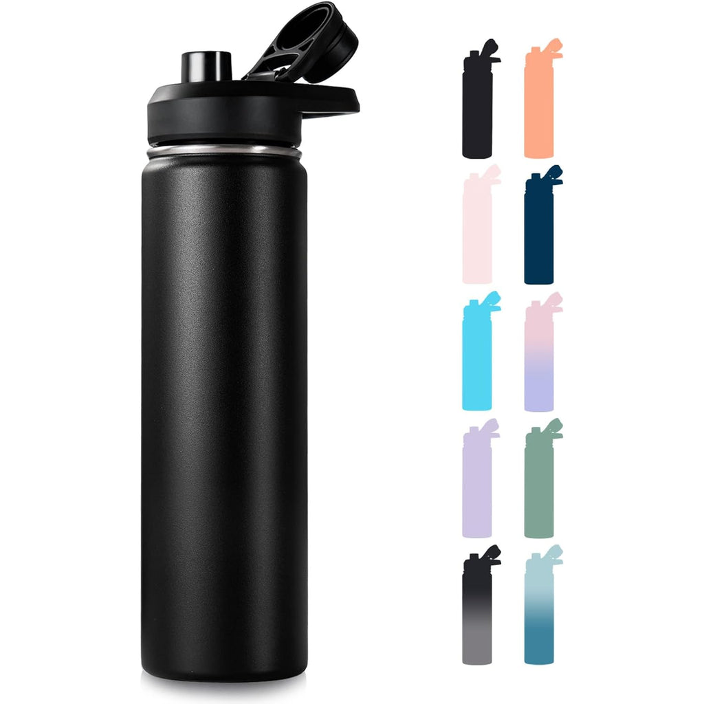 Fijinhom Insulated Water Bottle With Handle, 304 Stainless Steel Water Bottles With Wide Mouth, Double Wall Vacuum Sports Water Bottle, Bpa Free, Keep Cold And Hot, 24 Ounces, Black | With Handle