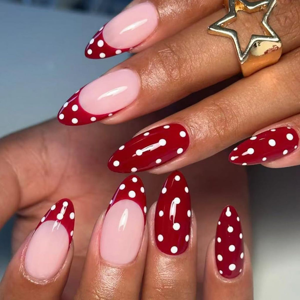 24Pcs French Tip Press on Nails Medium Almond Fake Nails with White Polka Dot Designs Stick on Nails Red Nails Press Ons Reusable Acrylic Glue On Nail for Women Nail Art Decoration