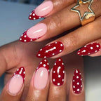 24Pcs French Tip Press on Nails Medium Almond Fake Nails with White Polka Dot Designs Stick on Nails Red Nails Press Ons Reusable Acrylic Glue On Nail for Women Nail Art Decoration