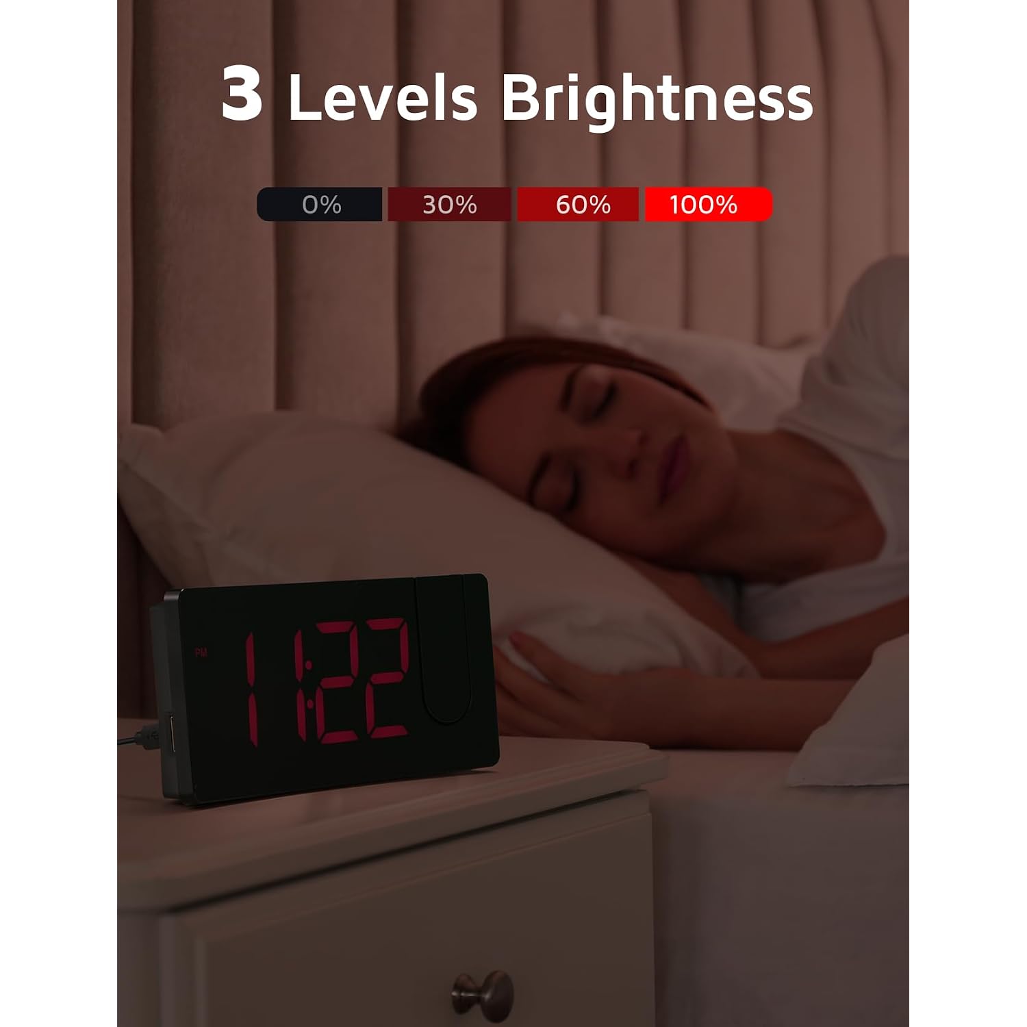 Projection Alarm Clock, Digital Clock With Modern Curved Design 180° Rotatable Projector, 3-Level Brightness Dimmer, Clear Red Led Display, Progressive Volume, 9Mins Snooze,12/24H, For Bedroom
