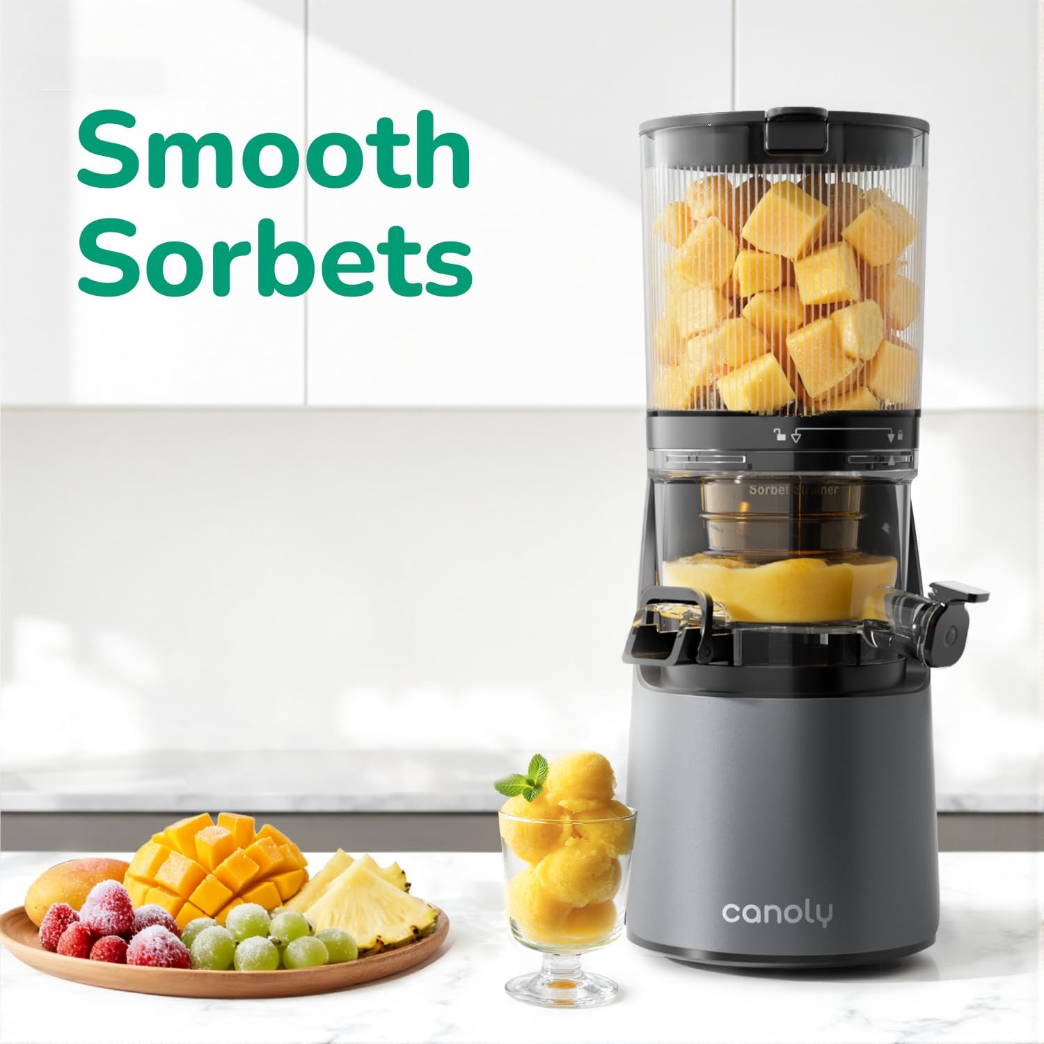 Canoly C16 Cold Press Juicer, 6" Extra Wide Feed Chute, 3-In-1 Strainers (Juice & Sorbet & Nut Milk), Powerful Ac Brushless Motor, Self Precut System, Juicer Machines With Bpa-Free (Space Gray)