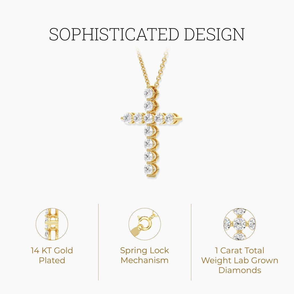 GILDED 1 ct. T.W. Lab Grown Diamond (SI1 Clarity, F Color) and Sterling Silver & 14KT Gold Plated Silver Cross Pendant with an 18 Inch Spring Ring Clasp Cable Chain