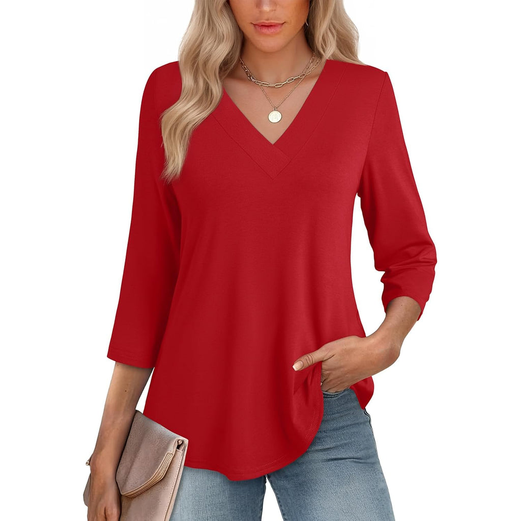 JUSTFASHIONNOW Womens 3/4 Length Sleeve Tops V Neck Split Tunic Tops Flowy T Shirts Summer 2026 Dressy Casual Blouses