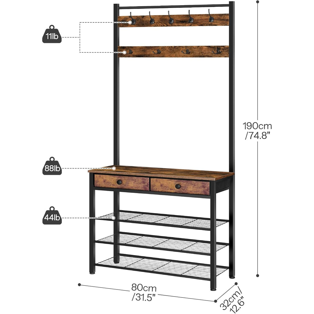 Hoobro Hall Tree, Entryway Coat And Shoe Rack, 2 Fabric Drawers, Hall Tree With Bench, Shoe And Coat Rack, Coat Rack With Shoe Storage, 4 Tier Shoe Organizer, 9 Hooks, Rustic Brown And Black Bf81Mt01