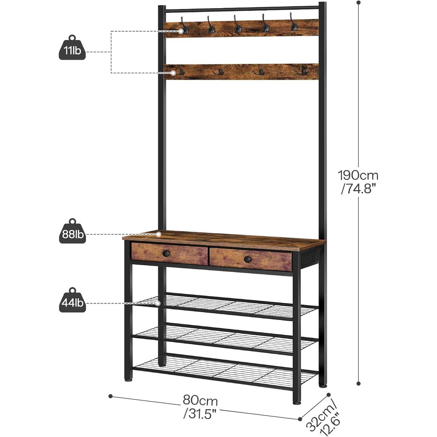 Hoobro Hall Tree, Entryway Coat And Shoe Rack, 2 Fabric Drawers, Hall Tree With Bench, Shoe And Coat Rack, Coat Rack With Shoe Storage, 4 Tier Shoe Organizer, 9 Hooks, Rustic Brown And Black Bf81Mt01