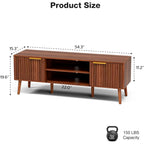 Tv Stand With Fluted Doors For Tvs Up To 65", Mid-Century, Walnut | 54.3"W X 15.3"D X 19.6"H, 150 Lbs Capacity, 2 Fluted Door Cabinets & 2 Adjustable Shelves, Cable Holes, 5 Tapered Legs
