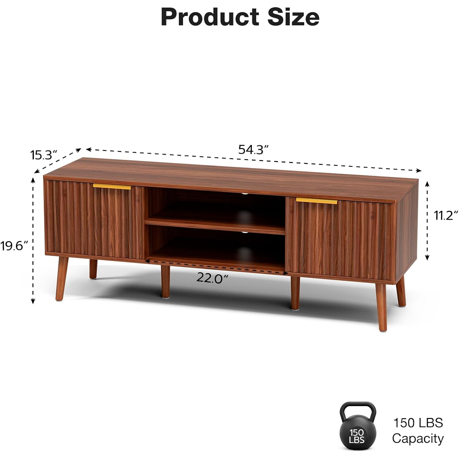 Tv Stand With Fluted Doors For Tvs Up To 65", Mid-Century, Walnut | 54.3"W X 15.3"D X 19.6"H, 150 Lbs Capacity, 2 Fluted Door Cabinets & 2 Adjustable Shelves, Cable Holes, 5 Tapered Legs